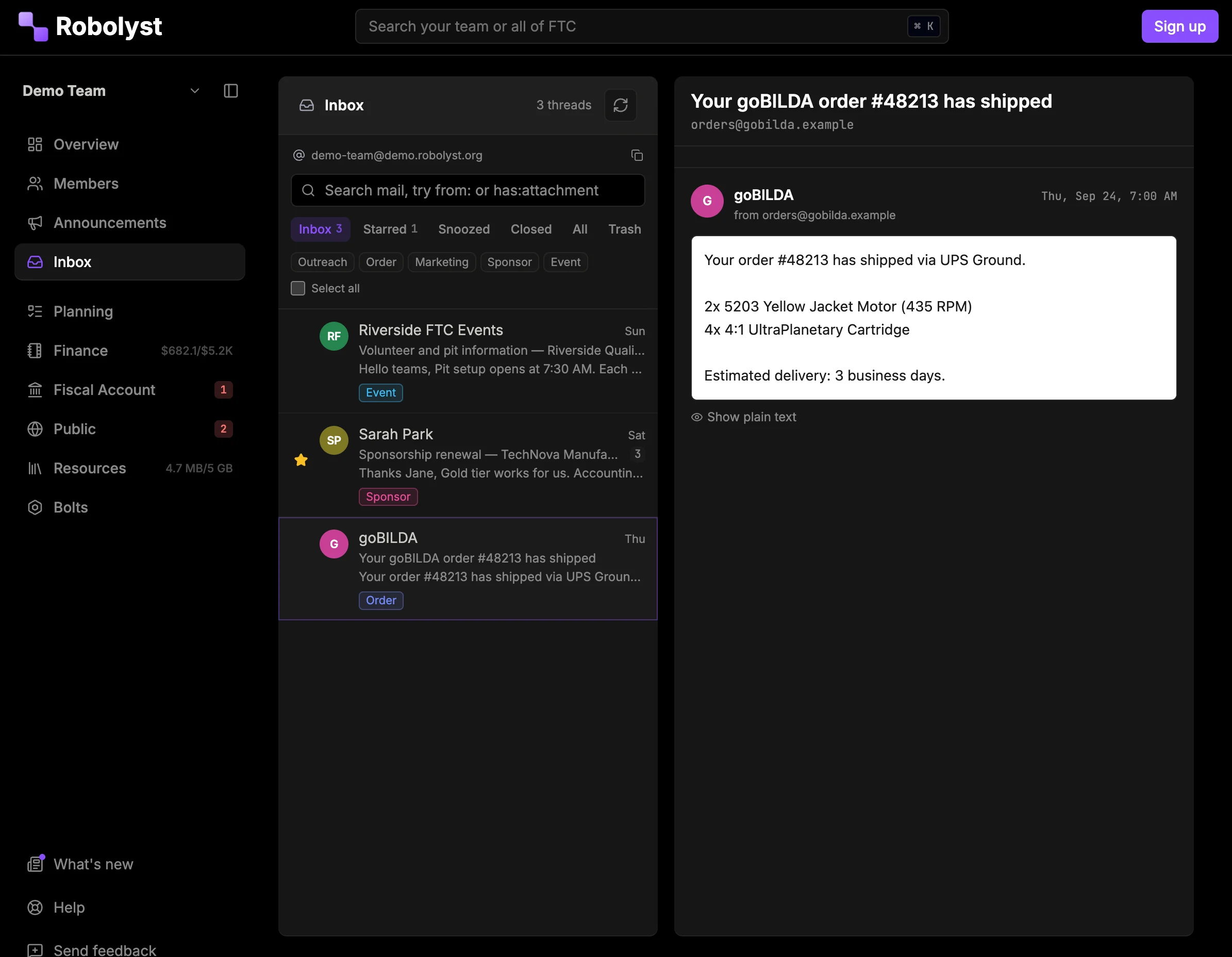 Robolyst shared team inbox: sponsor, order and event email threads labelled and read in a two-pane view the whole team can see.