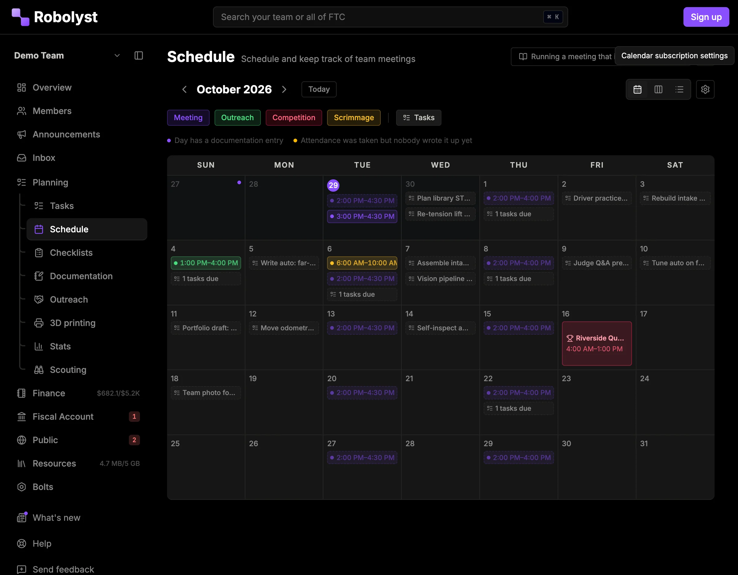 Robolyst FTC team schedule: a month calendar of meetings, competitions and deadlines for the season.